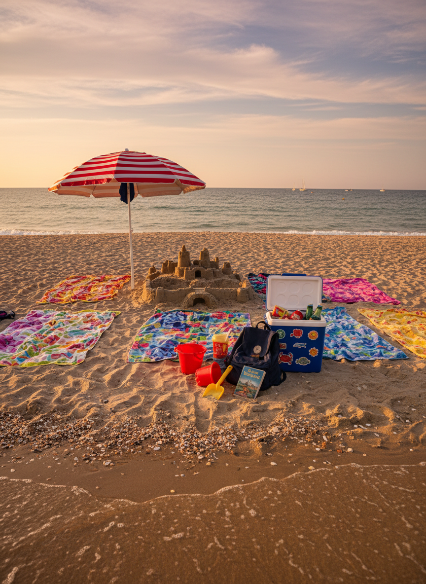 A panoramic view of a sandy beach dotted with colorful, mismatched towels and an open striped umbrella anchored near a small sandcastle village. A cooler with playful stickers and a half-open backpack spill out beach toys and a guidebook, all resting close to the shoreline where small waves lap gently. Late afternoon golden-hour sunlight creates a warm, glowing reflection on the wet sand and emphasizes tiny shell textures. Captured from a slightly elevated angle in crisp photographic realism, the composition follows the rule of thirds, with the horizon line high and the foreground items in sharp focus. The mood is relaxed, playful, and nostalgic, evoking carefree family seaside vacations without showing any people.