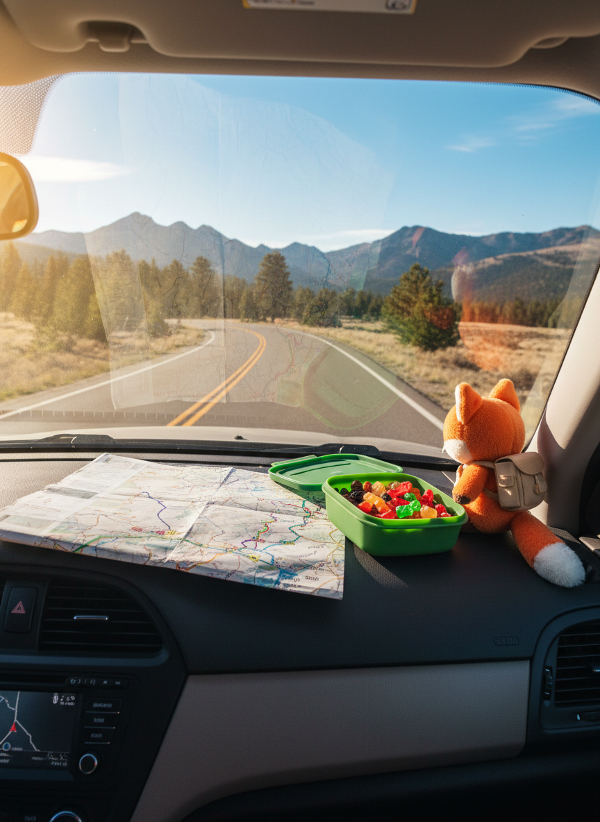 A car dashboard view during a scenic road trip, focusing on a slightly worn paper map spread across the passenger seat, a small plush mascot propped against the window, and a reusable snack container open with a mix of colorful treats. Through the windshield, winding mountain roads and distant peaks stretch into a clear blue sky. Late morning sunlight filters through the glass, creating subtle glares and soft reflections on the dashboard without obscuring the view. Captured in photographic realism from the driver’s-eye perspective, the composition draws the eye toward the road while keeping the map and mascot in sharp foreground focus. The mood is adventurous and playful, evoking the excitement of family road trips and spontaneous detours.
