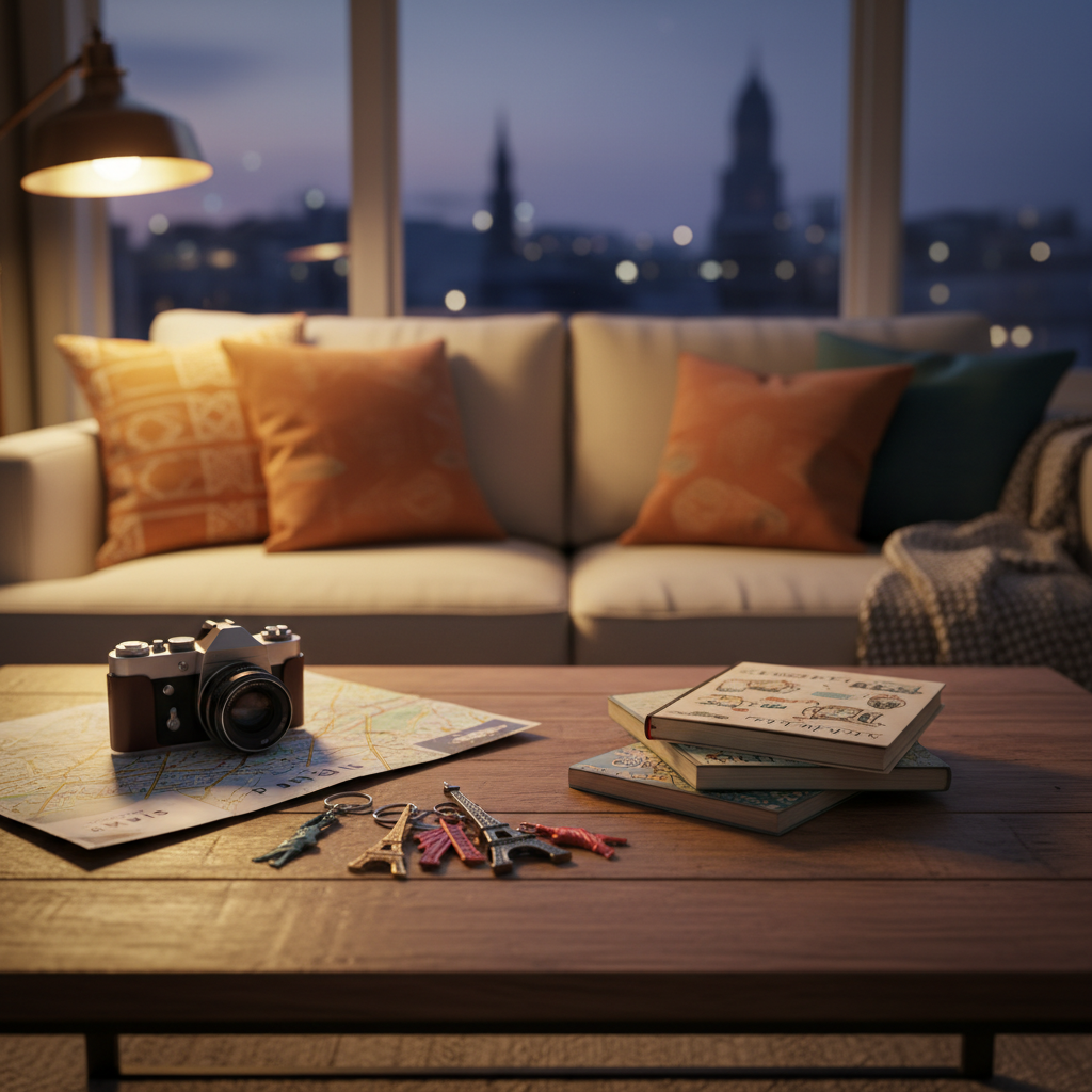 The interior of a cozy vacation rental living room, centered on a low coffee table scattered with a folded city map, a camera, a stack of illustrated travel journals, and a few colorful keychains shaped like famous landmarks. Behind the table, a large window reveals a blurred cityscape of distant lights and rooftops at blue hour. Soft, warm lamp light pools on the table’s wooden surface, creating a contrast with the cool, fading daylight outside. Photographic realism with an inviting, story-filled mood, shot from a slightly elevated angle with a shallow depth of field so the table details are crisp while the couch, cushions, and window view gently blur, suggesting an evening of reminiscing over family travel memories.