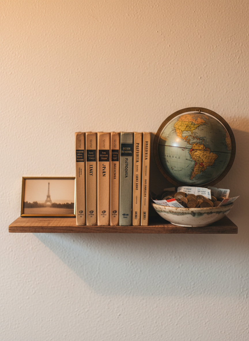 A neatly organized travel shelf at home, featuring a row of well-thumbed guidebooks, a vintage-style globe with slightly faded colors, and a shallow bowl overflowing with foreign coins and transit tickets. A small, framed landscape photograph leans casually against the books, showing a blurred image of a distant landmark. Soft, indirect morning light from an unseen window grazes the objects, creating gentle highlights on the globe and metallic reflections on the coins. Photographic realism with a warm, nostalgic mood, composed straight-on with symmetrical balance and moderate depth of field so every item appears clearly. The scene feels like a curated collection of family travel treasures, perfect for illustrating the memory-keeping side of a playful travel blog.