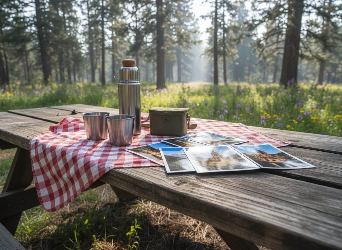 A rustic wooden picnic table in a national park clearing, topped with a checkered cloth, a thermos, reusable cups, and a small pile of glossy printed travel photos fanned out beside a compact binocular case. The surrounding forest of tall pines and wildflowers blurs gently into the background, with sunbeams filtering through the canopy and catching floating dust motes. Mid-morning natural light creates soft, dappled patterns across the table and the photos, highlighting glimpses of different destinations. Photographic realism with a fresh, outdoorsy feel, shot at a slightly low, close-up angle that emphasizes textures in the wood grain and fabric. The atmosphere is peaceful and joyful, capturing a quiet pause during an adventurous family hike.