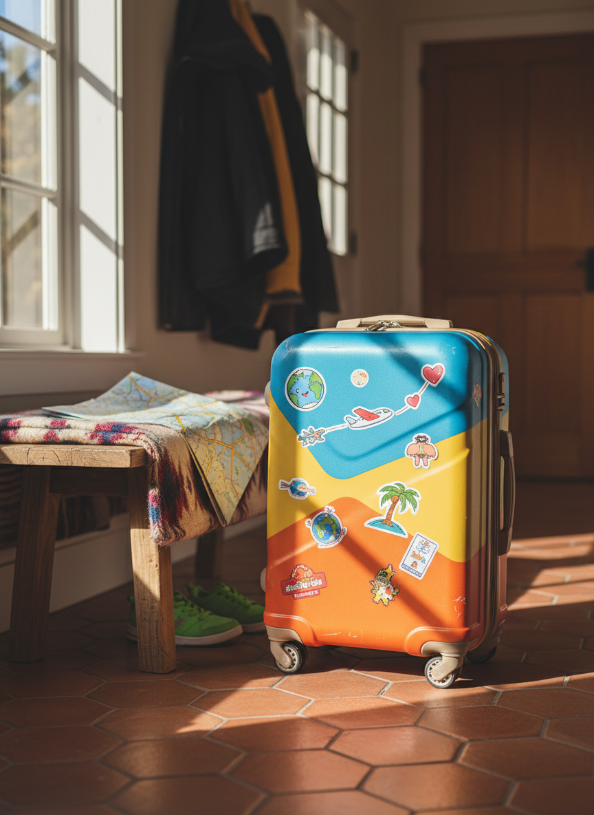 A well-worn, brightly colored rolling suitcase with playful travel stickers on its hard shell, standing beside a low wooden bench in a sunlit entryway. Around it lie a neatly folded road map, a pair of kid-sized sneakers, and a soft, patterned blanket draped over the bench, hinting at an upcoming family adventure. Warm afternoon light pours through a nearby window, casting gentle shadows across the tiled floor and highlighting scuff marks on the suitcase wheels. Photographic realism with a vibrant, cheerful mood, shot at eye level with a shallow depth of field so the background hallway and hanging coats blur softly, creating a cozy, anticipatory atmosphere perfect for a family travel blog homepage.